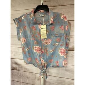 Brand New Highway Women's Size Large Blue Denim Floral Tied BOHO Blouse Top